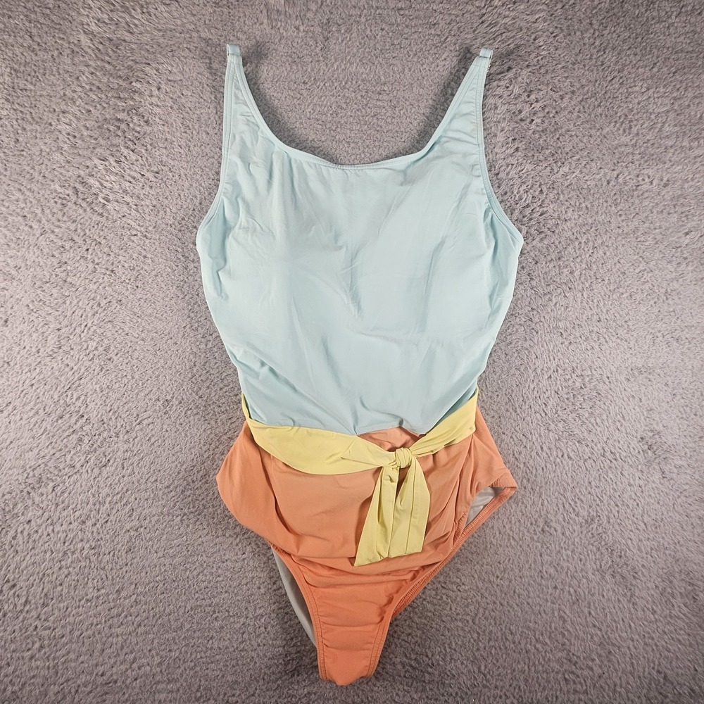 Lands End One Piece Front Tie Swimsuit Sz 16 Colorblock Preppy Beachy Swimwear